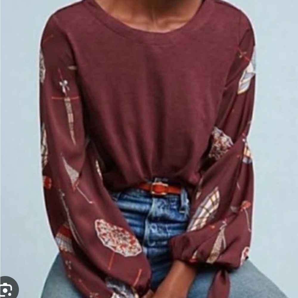 Akemi‎ + Kin Anthropologie Maybelle Tie Sleeve Blouse Shirt Maroon Umbrellas S